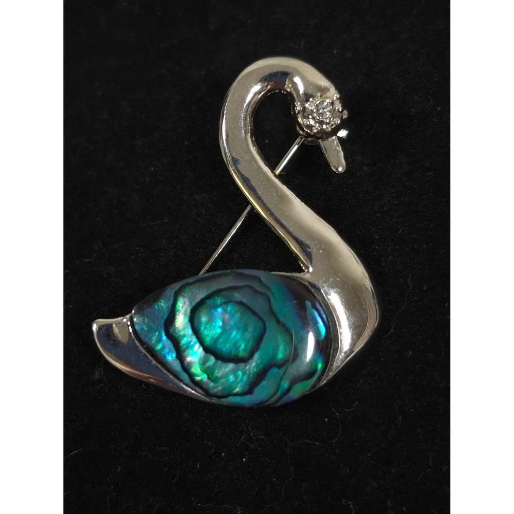 Retro Silver‎ Tone Swan Brooch Pin Faux Abalone Shell Bird Vintage Style